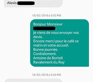 Conversation par sms entre Ravalement du Roy et ses prospects