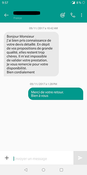 Conversation par sms entre Ravalement du Roy et ses prospects, Ravalement du Roy