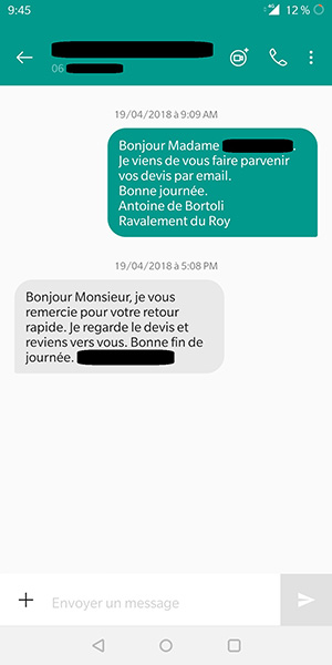 Conversation par sms entre Ravalement du Roy et ses prospects, Ravalement du Roy